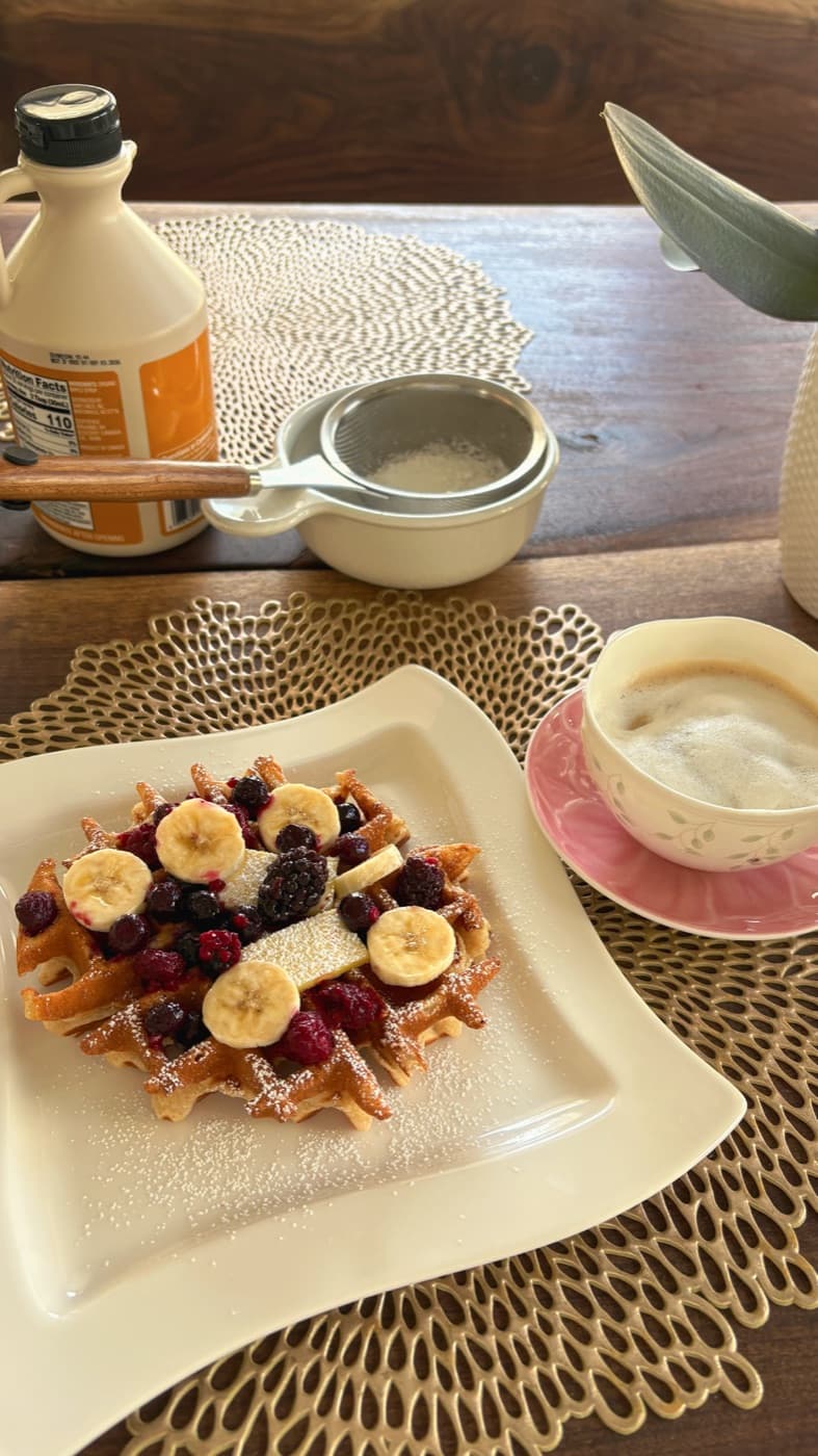 Waffle breakfast topped with berries