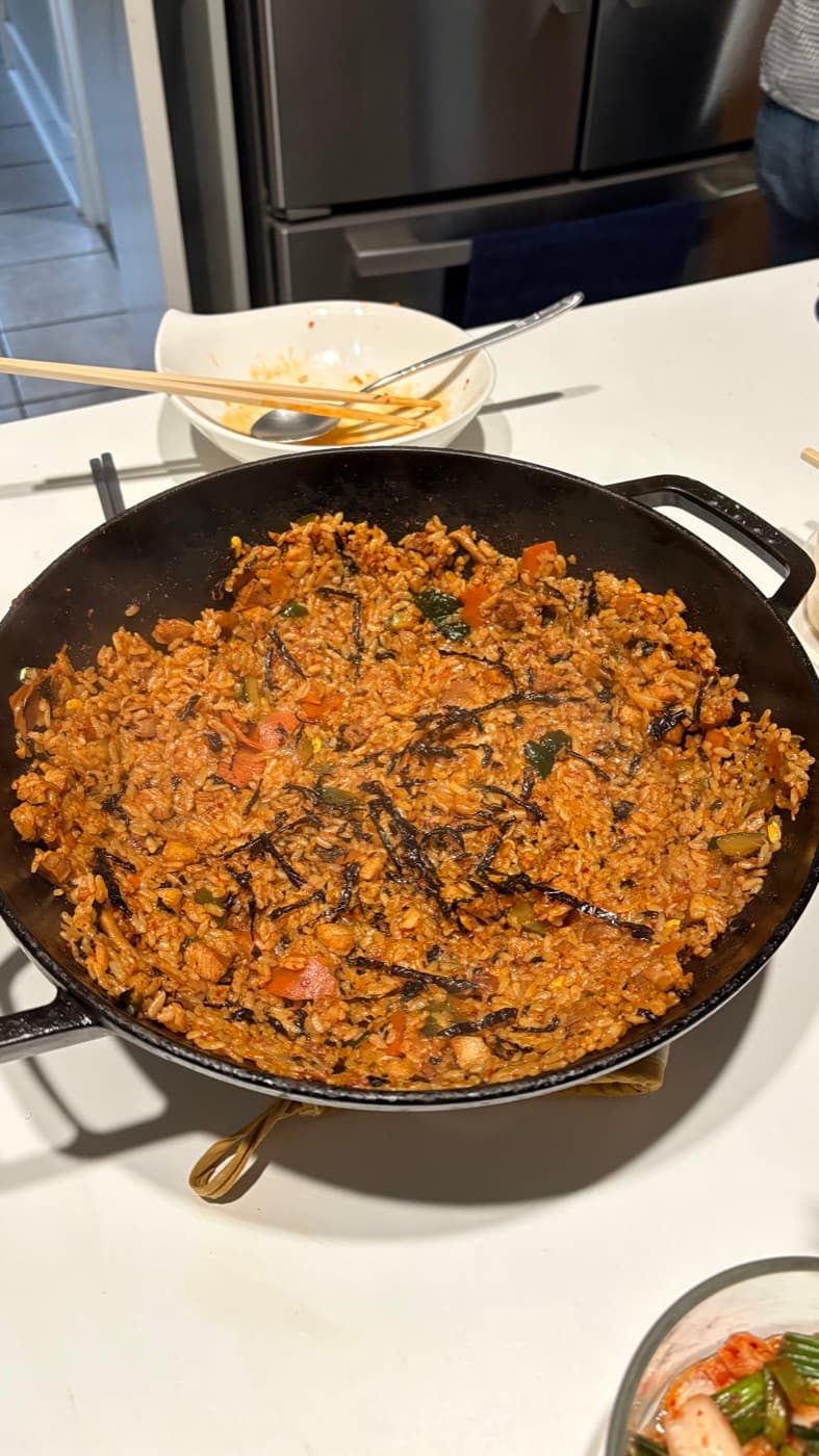 Kimchi fried rice cooked in a pan